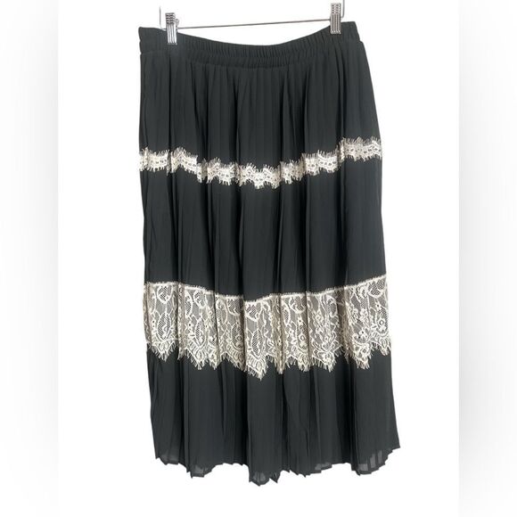 Adiva skirt black cream pleated floral lace feminine office twee artsy large - Picture 1 of 7